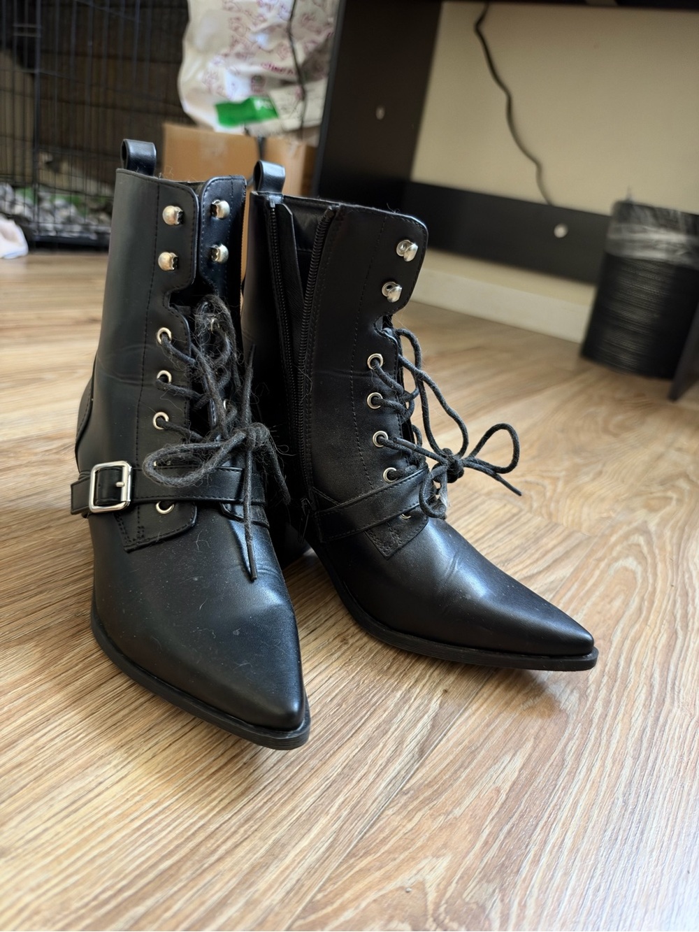 Dolls Kill Black Pointed-Toe Lace-Up Ankle Boots with Buckle